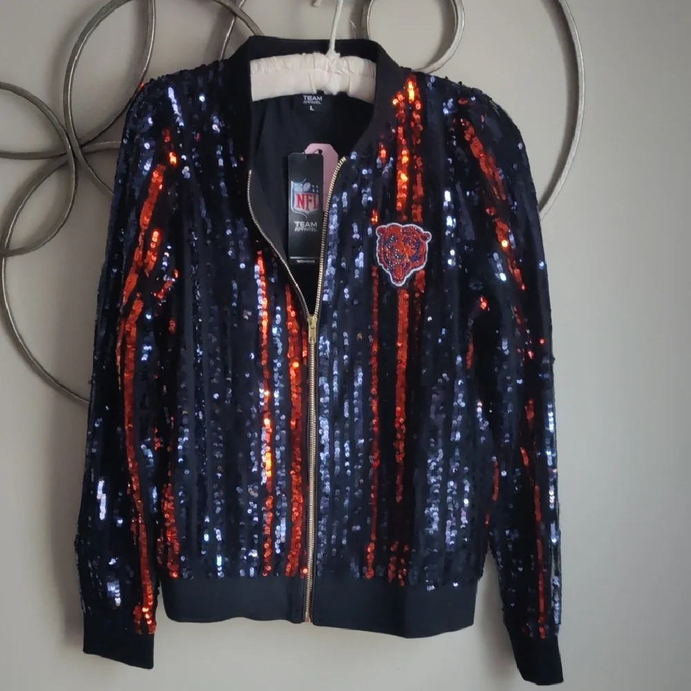 NFL Chicago Bears Blue and Orange Sequin Bomber Jacket - Picture 2 of 8